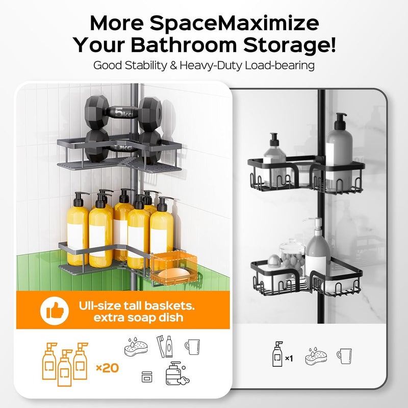 HAMITOR Corner Bathroom Shower Caddy: 4-Tier Rustproof Shampoo Organizer Shelf with Soap Holder - No-Drill Adjustable Standing Tension Pole Rack for Family Homeowners - Space-Saving - 47-123 Inch Gray - Image 4
